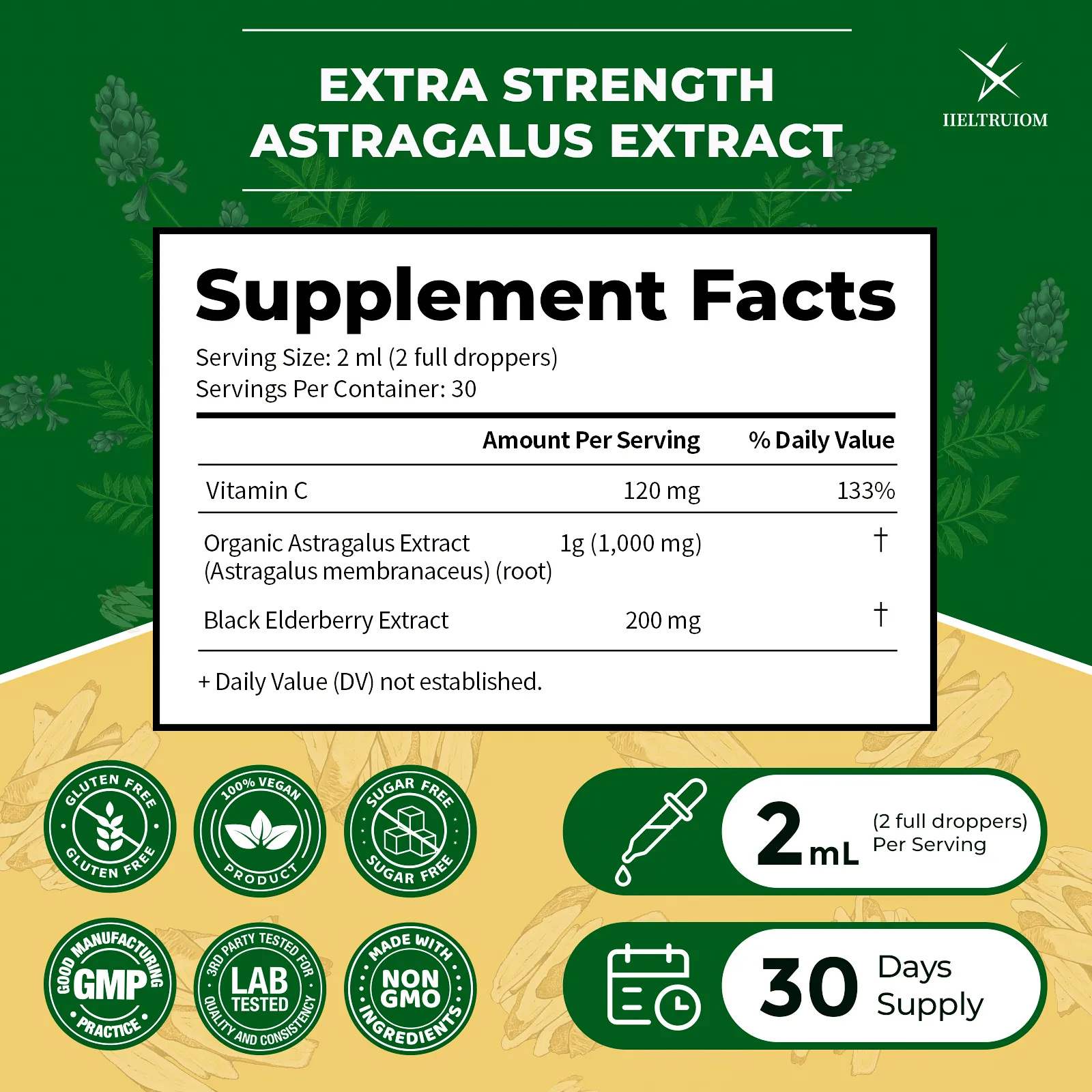 Organic Astragalus Root Liquid Extract with Black Elderberry & Vitamin C – 1000mg Astragalus Extract, Alcohol-Free Astragalus Supplement, Immune Support Herbal Drops (30 Servings)