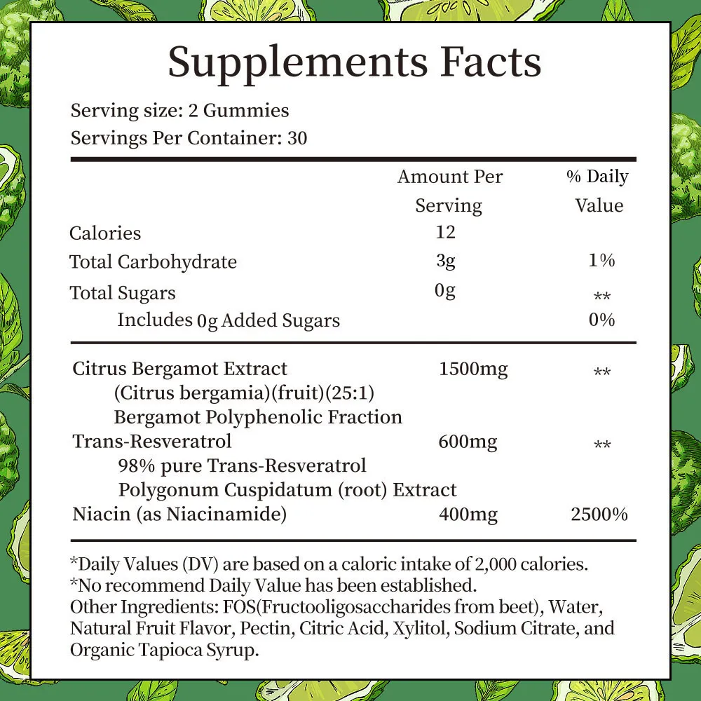 Citrus Bergamot 1500mg, Citrus Bergamot Gummies for Healthy Cholesterol, Bergamot Supplements 25:1 Extract from Italy Bergamot, Resveratrol & Niacin - Natural Vegan 60 Gummies