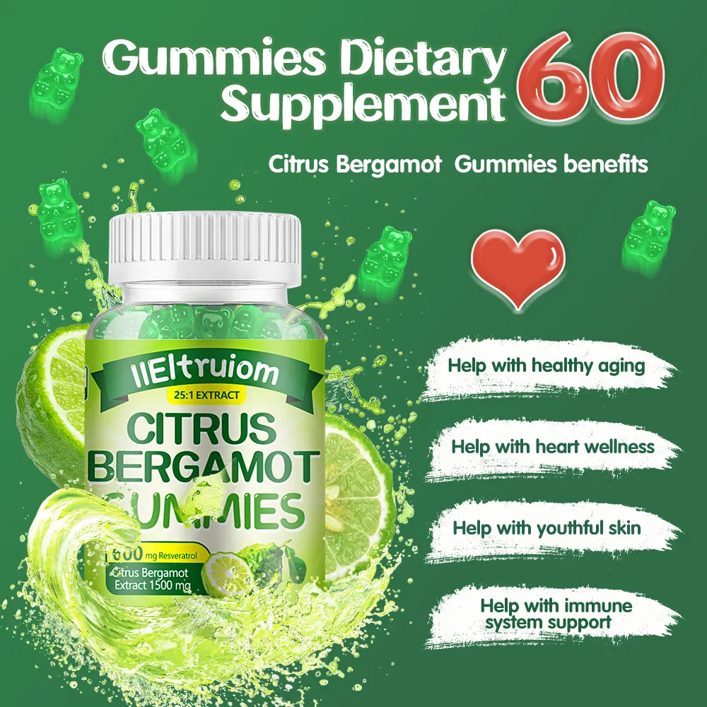 Citrus Bergamot 1500mg, Citrus Bergamot Gummies for Healthy Cholesterol, Bergamot Supplements 25:1 Extract from Italy Bergamot, Resveratrol & Niacin - Natural Vegan 60 Gummies