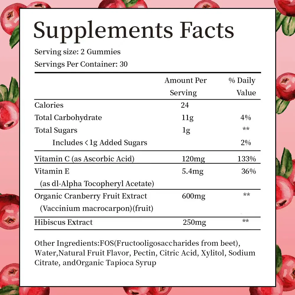 Cranberry Gummies for Women & Men, 600mg Cranberry Extract 50:1 with Vitamin C & E, Hibiscus Blend for Daily Wellness, Vegan Pectin Chewable, 60 Gummies
