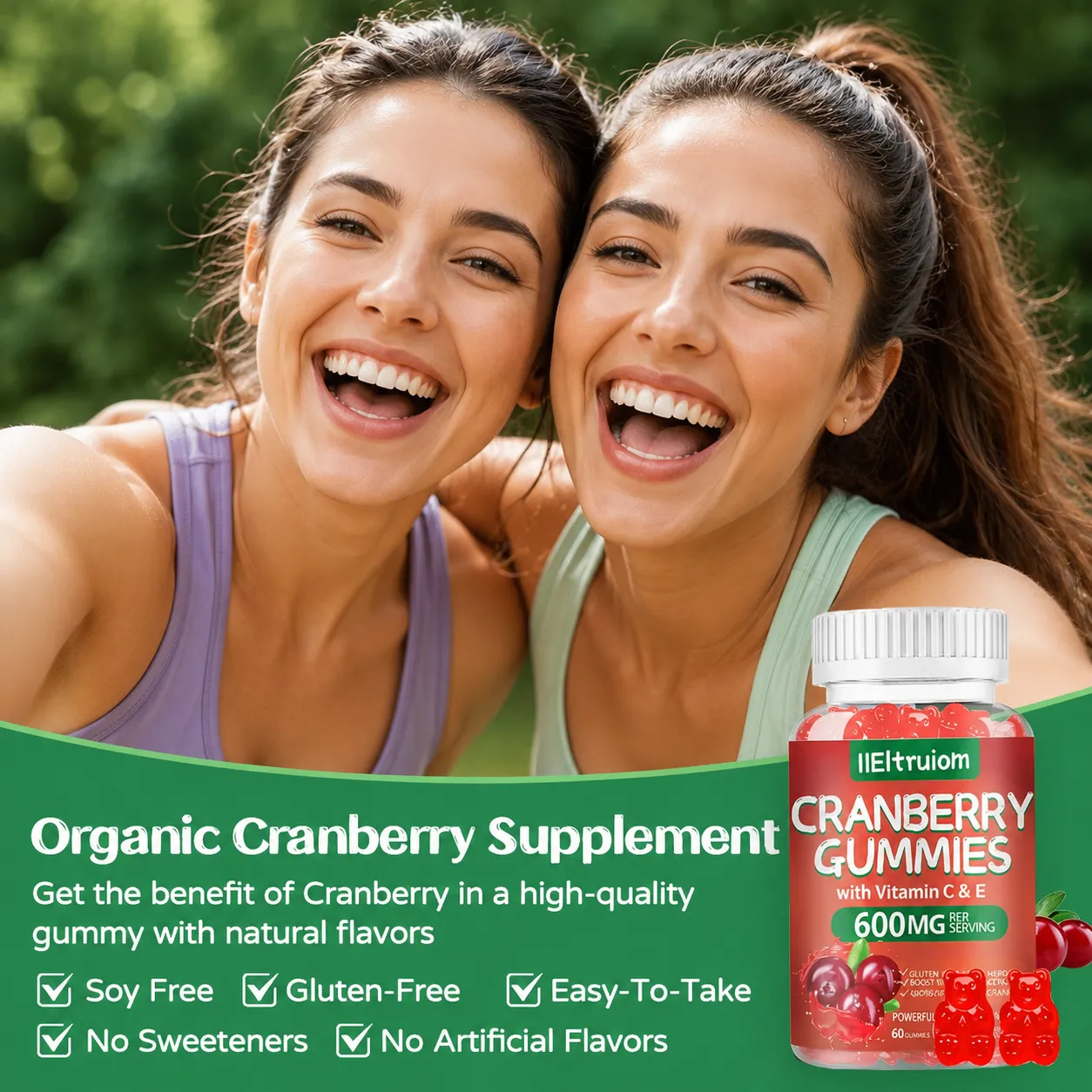 Cranberry Gummies for Women & Men, 600mg Cranberry Extract 50:1 with Vitamin C & E, Hibiscus Blend for Daily Wellness, Vegan Pectin Chewable, 60 Gummies