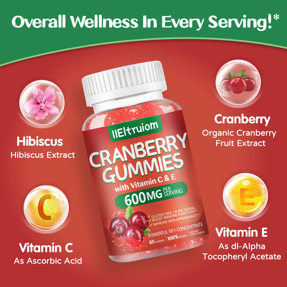 Cranberry Gummies for Women & Men, 600mg Cranberry Extract 50:1 with Vitamin C & E, Hibiscus Blend for Daily Wellness, Vegan Pectin Chewable, 60 Gummies
