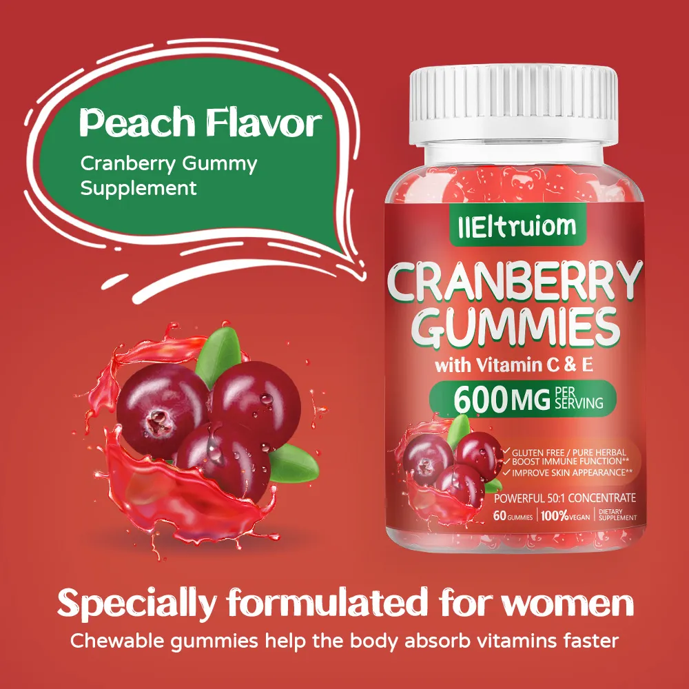 Cranberry Gummies for Women & Men, 600mg Cranberry Extract 50:1 with Vitamin C & E, Hibiscus Blend for Daily Wellness, Vegan Pectin Chewable, 60 Gummies