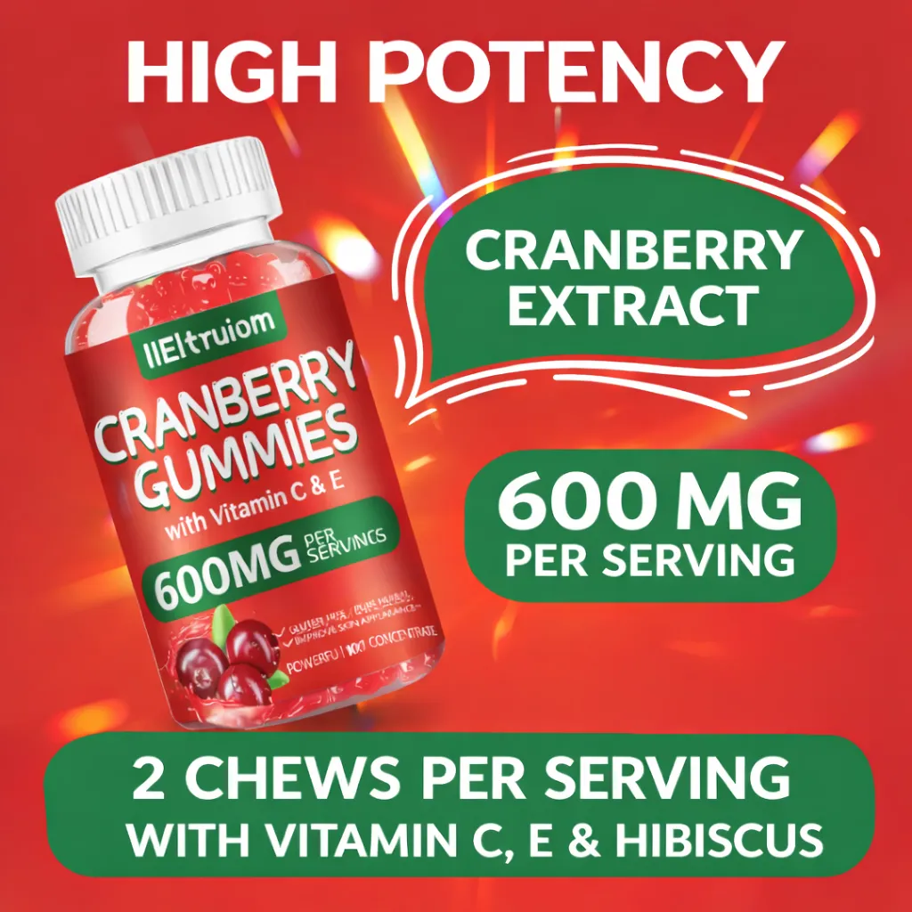 Cranberry Gummies for Women & Men, 600mg Cranberry Extract 50:1 with Vitamin C & E, Hibiscus Blend for Daily Wellness, Vegan Pectin Chewable, 60 Gummies