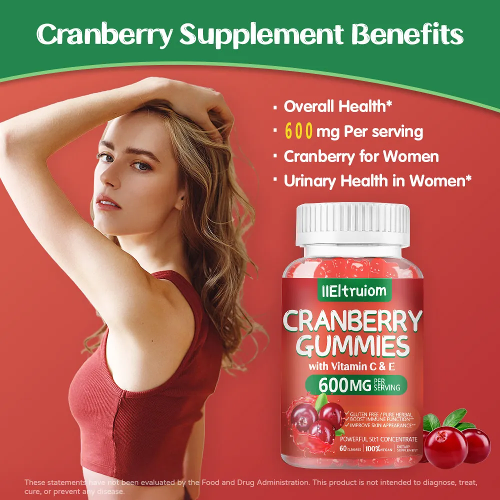 Cranberry Gummies for Women & Men, 600mg Cranberry Extract 50:1 with Vitamin C & E, Hibiscus Blend for Daily Wellness, Vegan Pectin Chewable, 60 Gummies