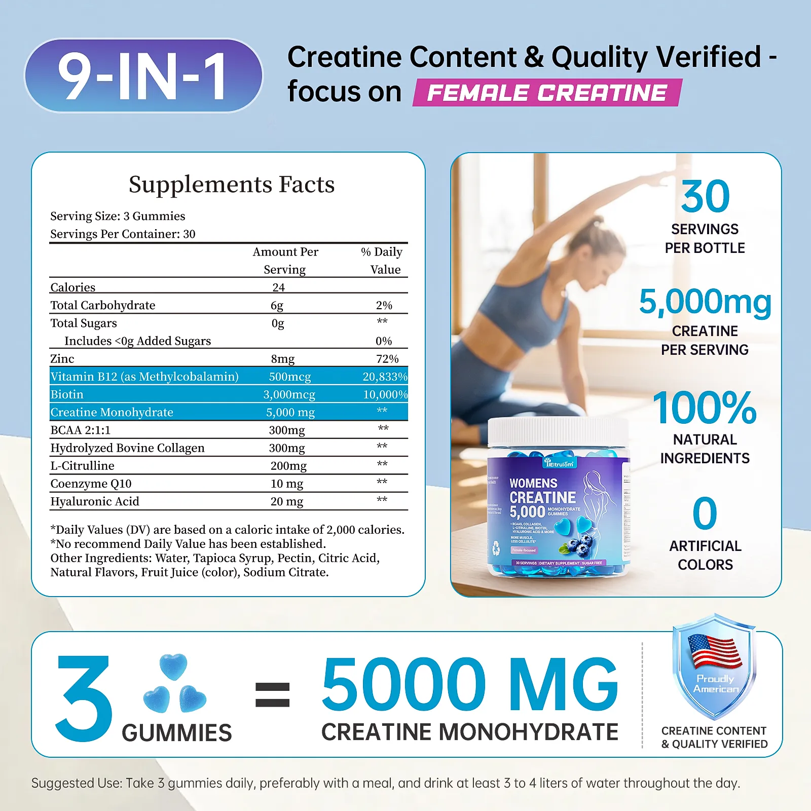 Creatine Gummies for Women 5000mg – Sugar Free Creatine Monohydrate Chews for Strength, Lean Muscle & Recovery, with Collagen & BCAA, Pre Workout Supplement, 90 Gummies