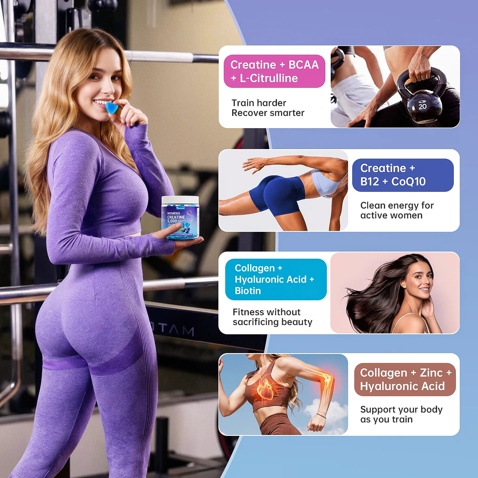 Creatine Gummies for Women 5000mg – Sugar Free Creatine Monohydrate Chews for Strength, Lean Muscle & Recovery, with Collagen & BCAA, Pre Workout Supplement, 90 Gummies