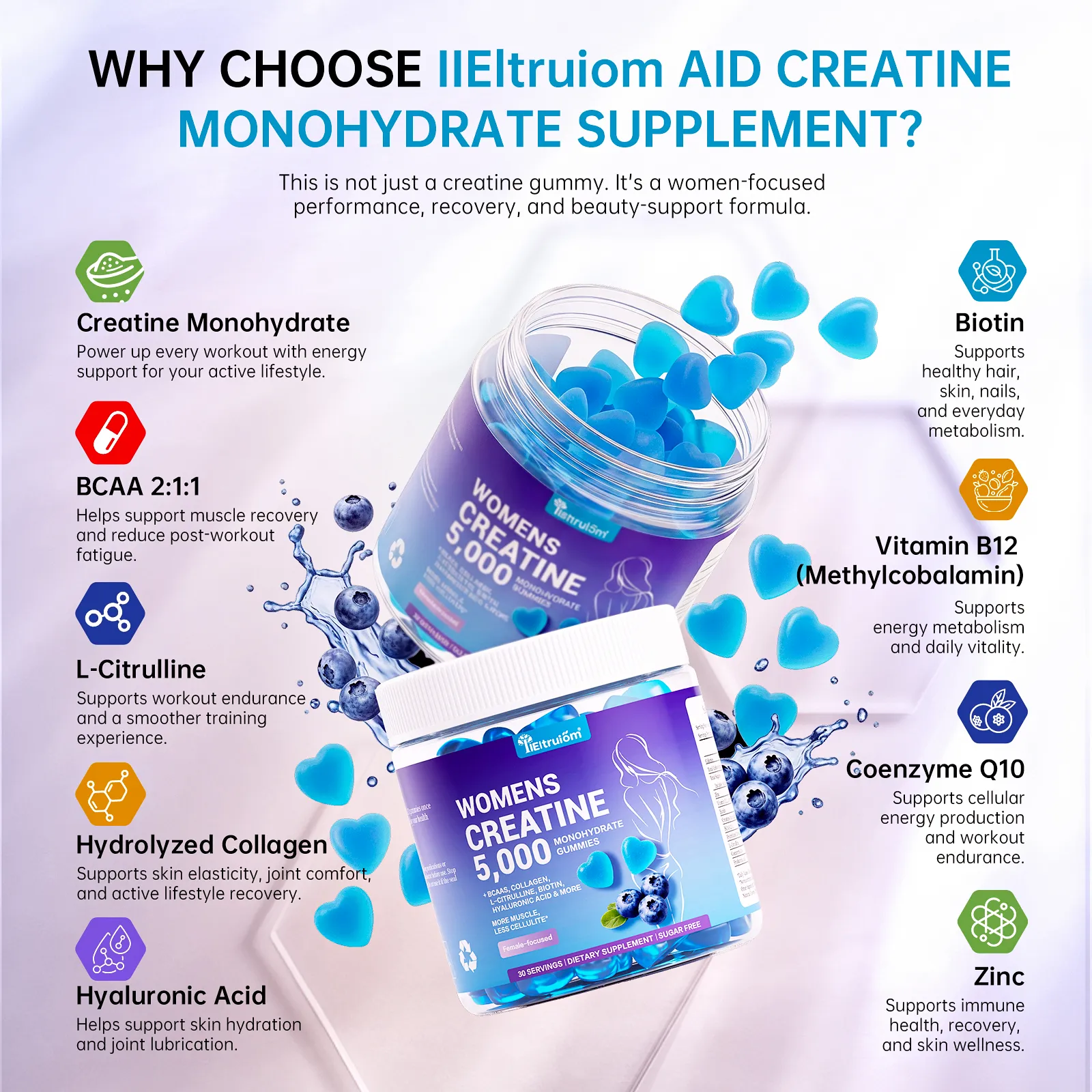 Creatine Gummies for Women 5000mg – Sugar Free Creatine Monohydrate Chews for Strength, Lean Muscle & Recovery, with Collagen & BCAA, Pre Workout Supplement, 90 Gummies