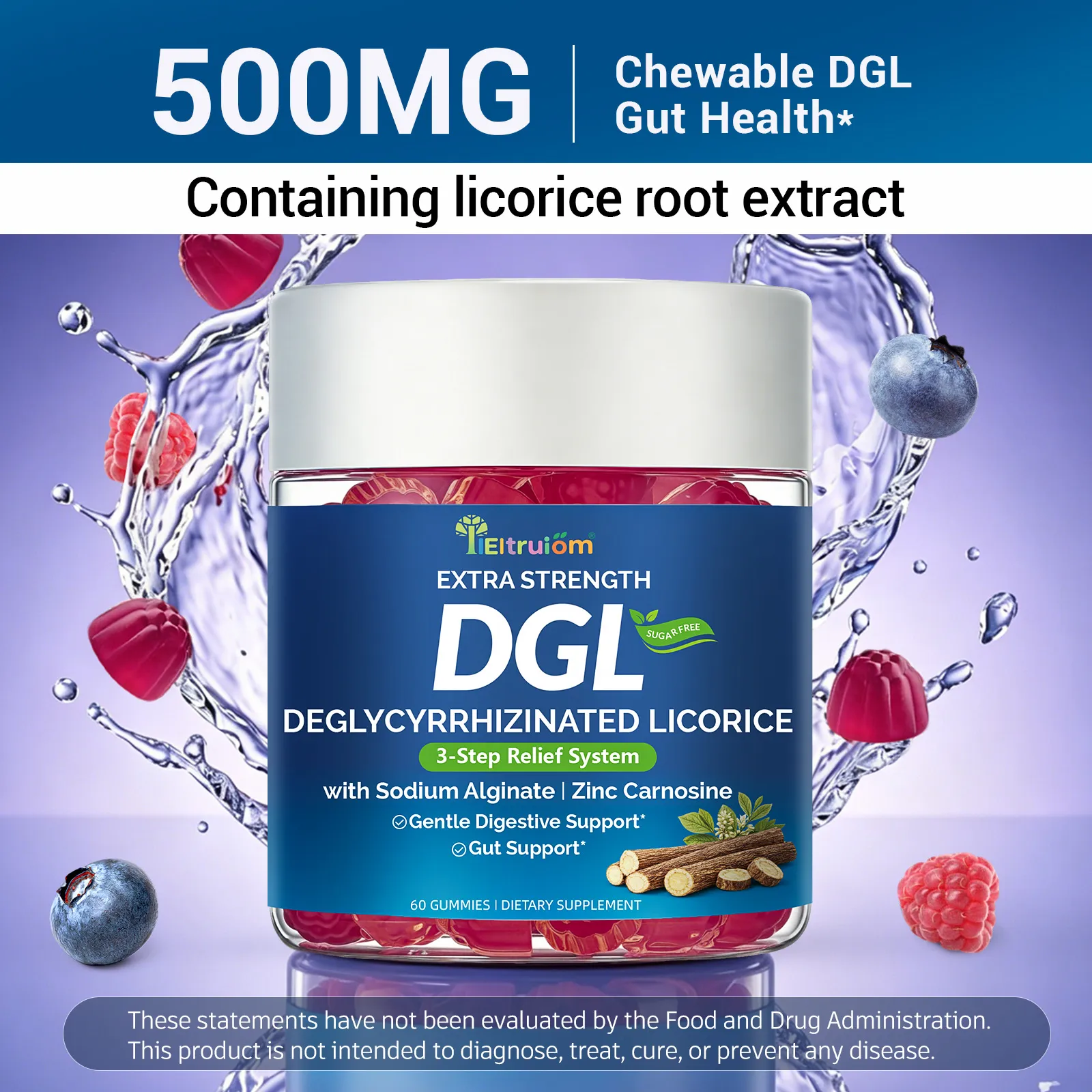 DGL Gummies, Deglycyrrhizinated Licorice Root Extract with Zinc Carnosine & Aloe Vera for Digestive Support – Sodium Alginate & Ginger Formula – Vegan DGL Licorice Gummies – Sugar-Free, Non-GMO, 60 Count