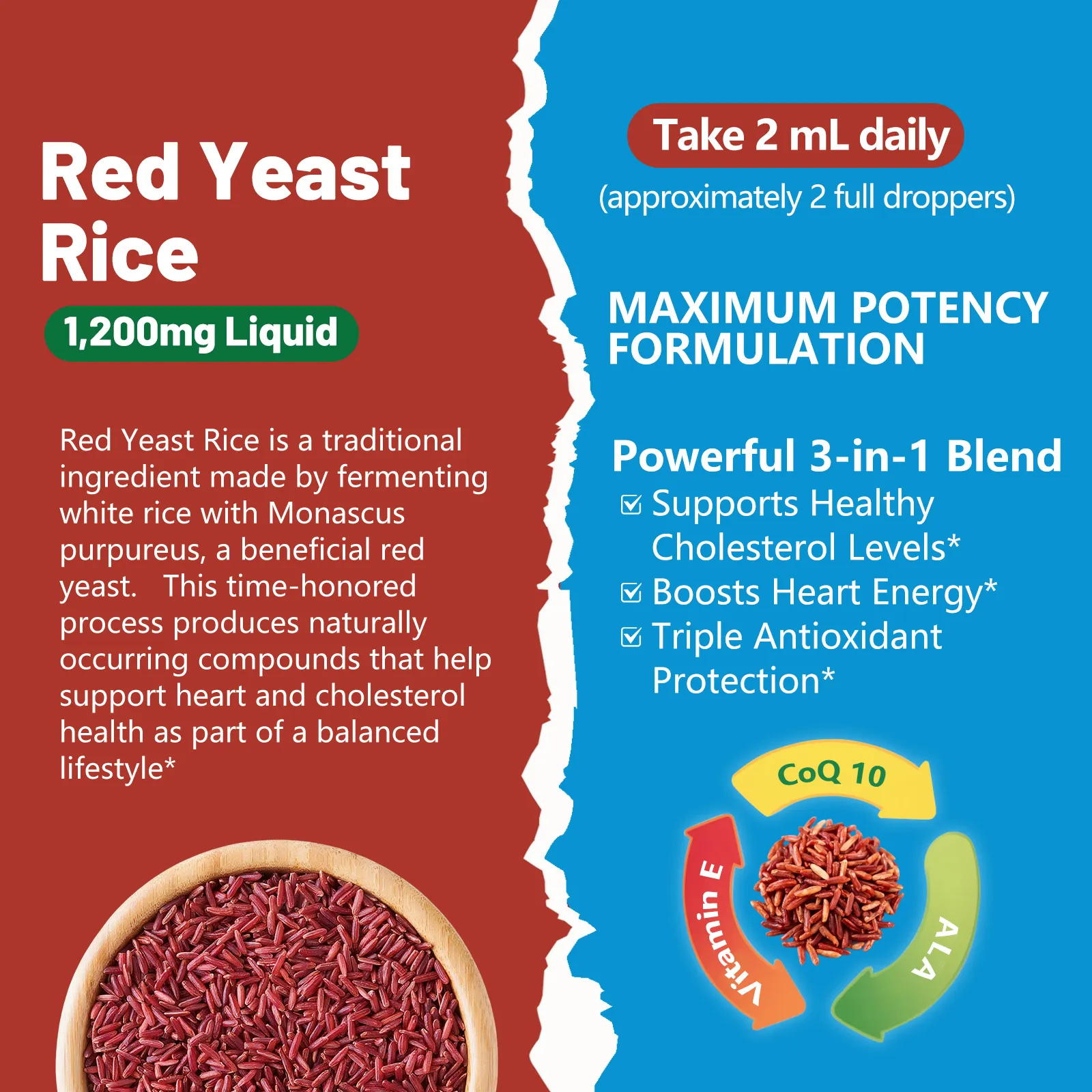 Red Yeast Rice with Coq10 Drops, Organic Red Yeast Rice 1200mg with Alpha Lipoic Acid for Cholesterol Support, Coenzyme Q10 100mg for Heart Health Support - 2 oz, Citrinin Free