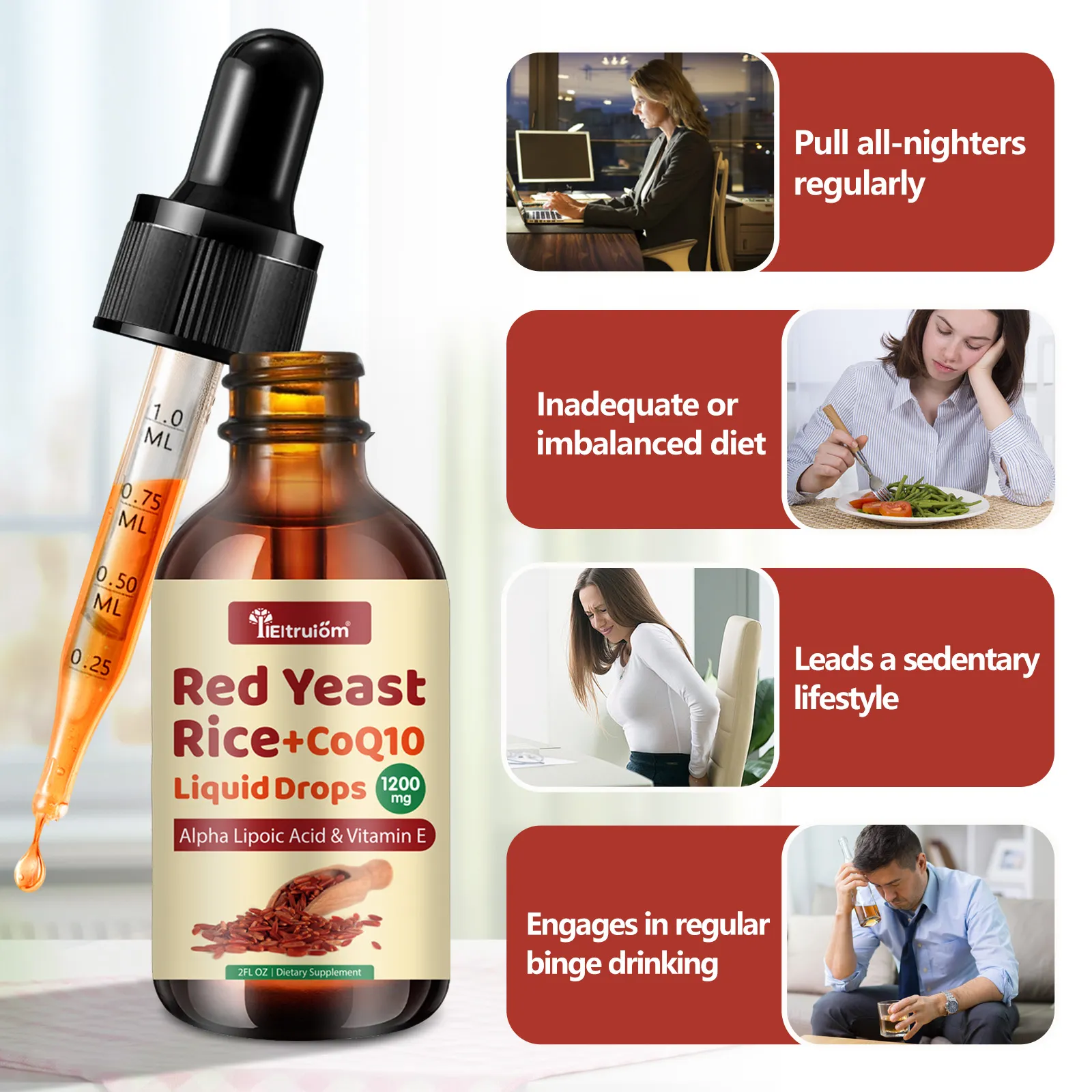 Red Yeast Rice with Coq10 Drops, Organic Red Yeast Rice 1200mg with Alpha Lipoic Acid for Cholesterol Support, Coenzyme Q10 100mg for Heart Health Support - 2 oz, Citrinin Free