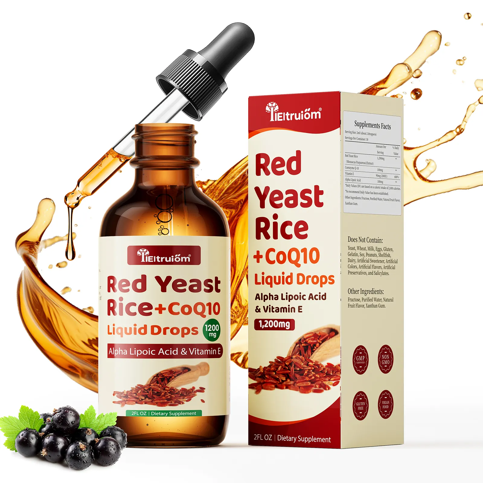 Red Yeast Rice with Coq10 Drops, Organic Red Yeast Rice 1200mg with Alpha Lipoic Acid for Cholesterol Support, Coenzyme Q10 100mg for Heart Health Support - 2 oz, Citrinin Free