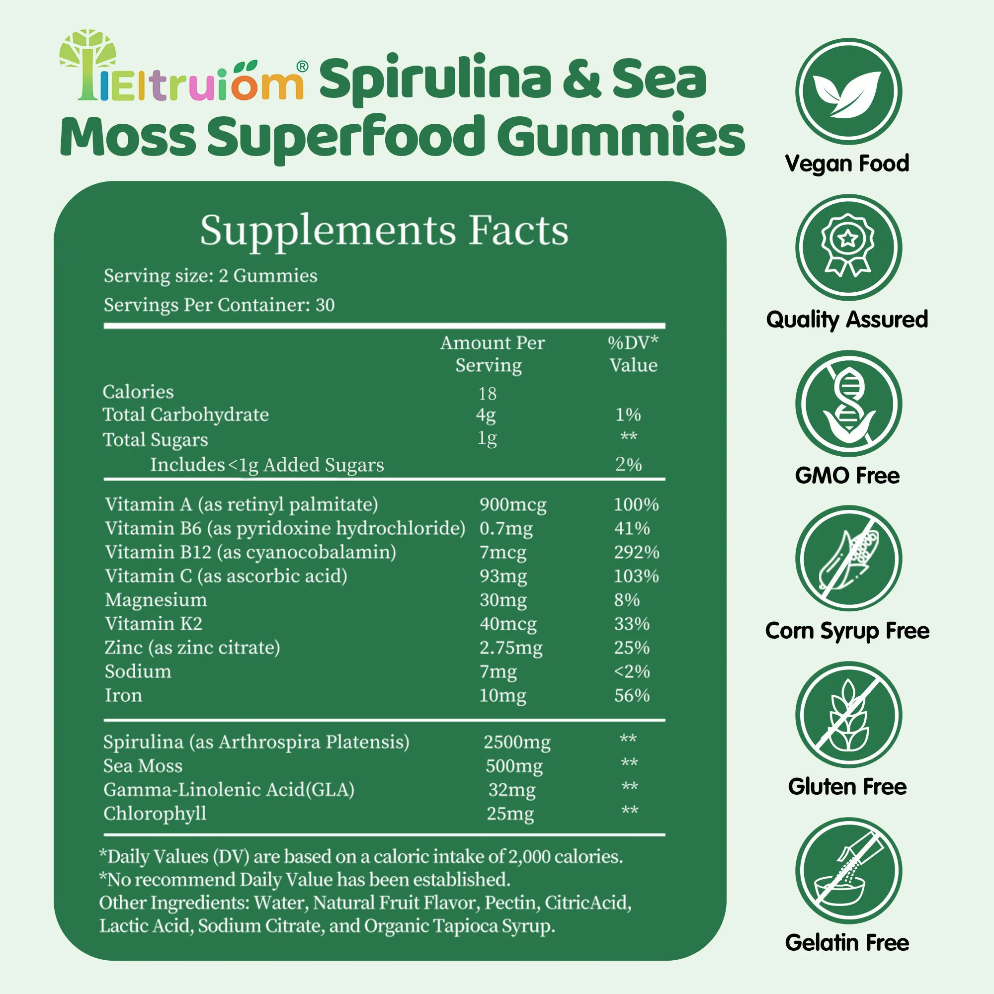 IIEltruiom Spirulina Gummies, Organic Spirulina 2500mg, Super Greens Gummies - Your Daily Super Greens with Sea Moss, Chlorophyll, Vitamin, GLA, Non-GMO, Gluten Free, 60 Vegan Gummies
