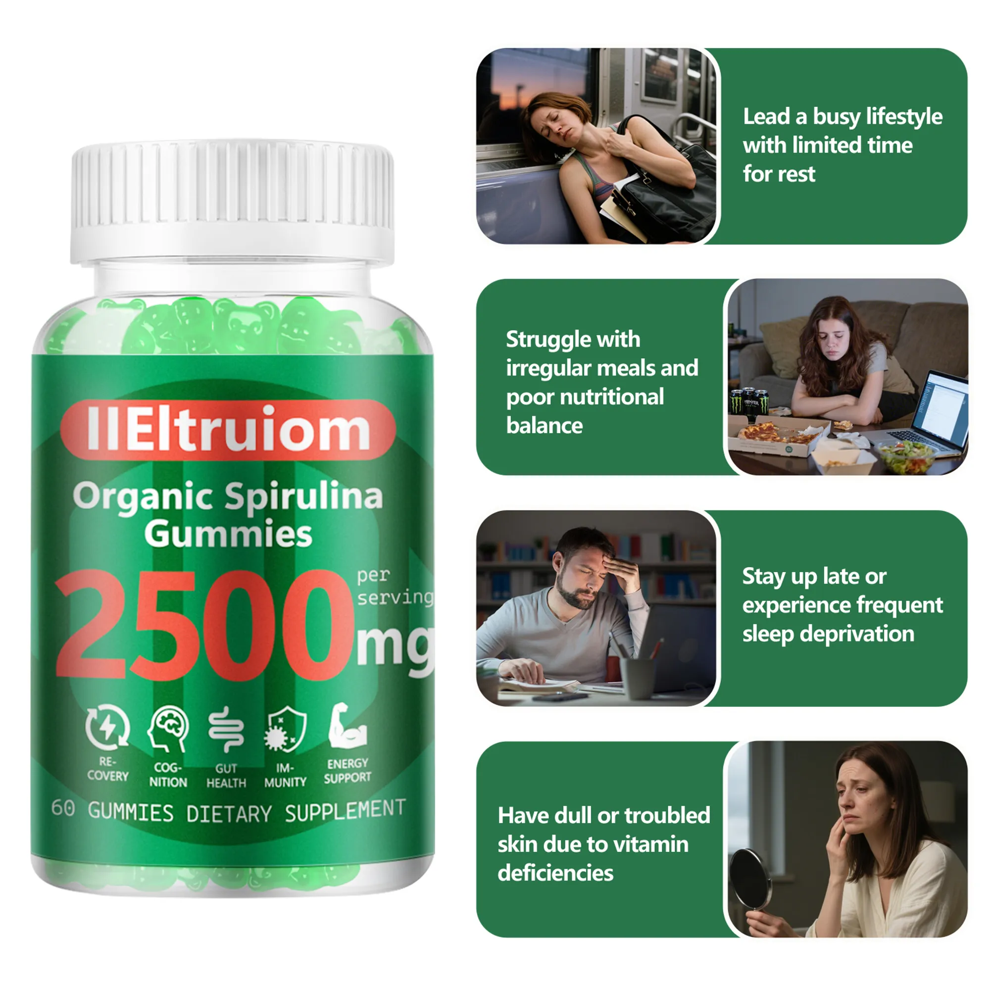 IIEltruiom Spirulina Gummies, Organic Spirulina 2500mg, Super Greens Gummies - Your Daily Super Greens with Sea Moss, Chlorophyll, Vitamin, GLA, Non-GMO, Gluten Free, 60 Vegan Gummies